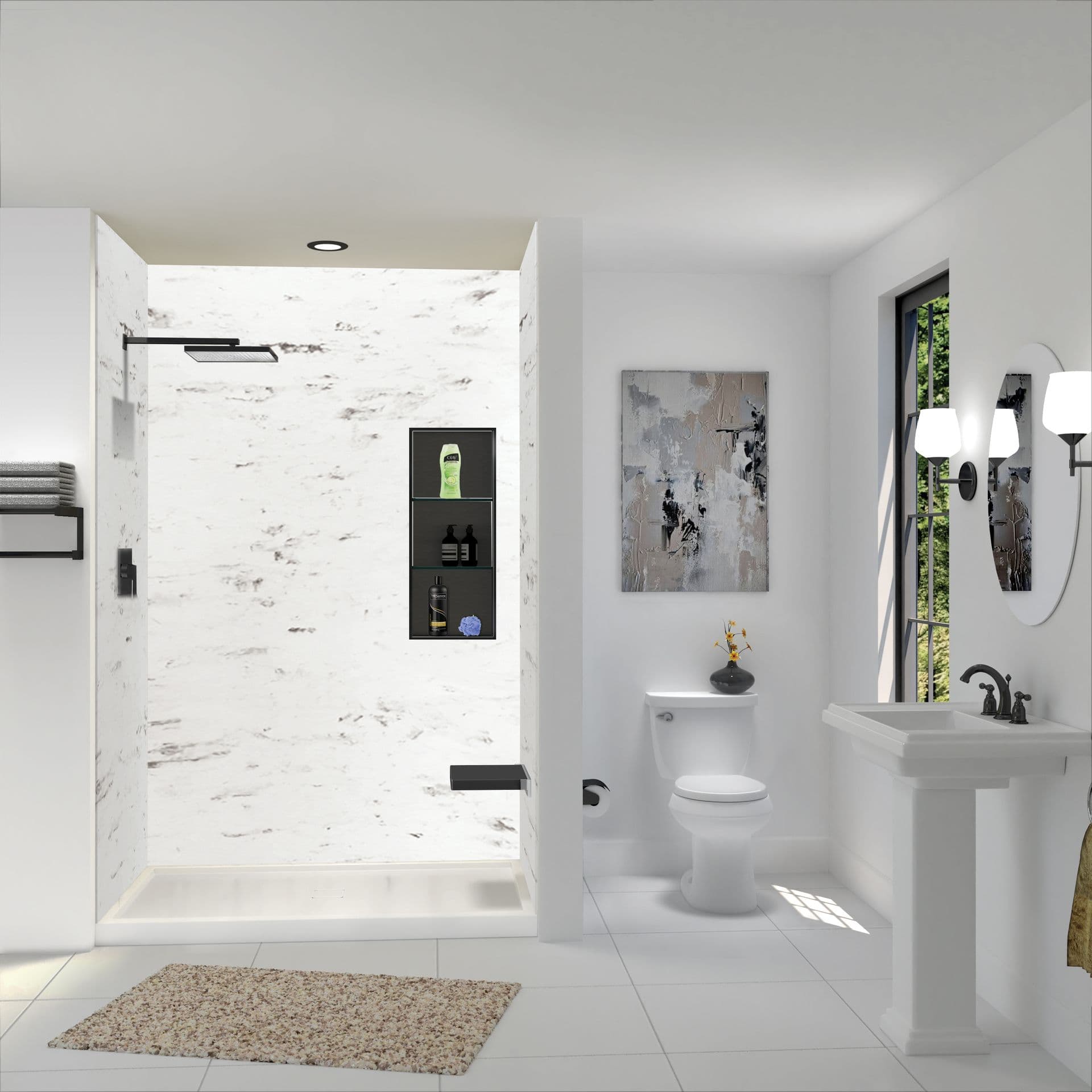 Bright, modern white bathroom with a marble walk-in shower and recessed shelves, toilet beneath abstract art, and pedestal sink beside a tall window.